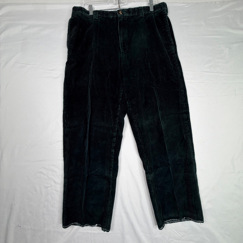 LL Bean Vtg  Corduroy Pleated Pants 34x27 Green Wide Wale Straight Leg Trousers
